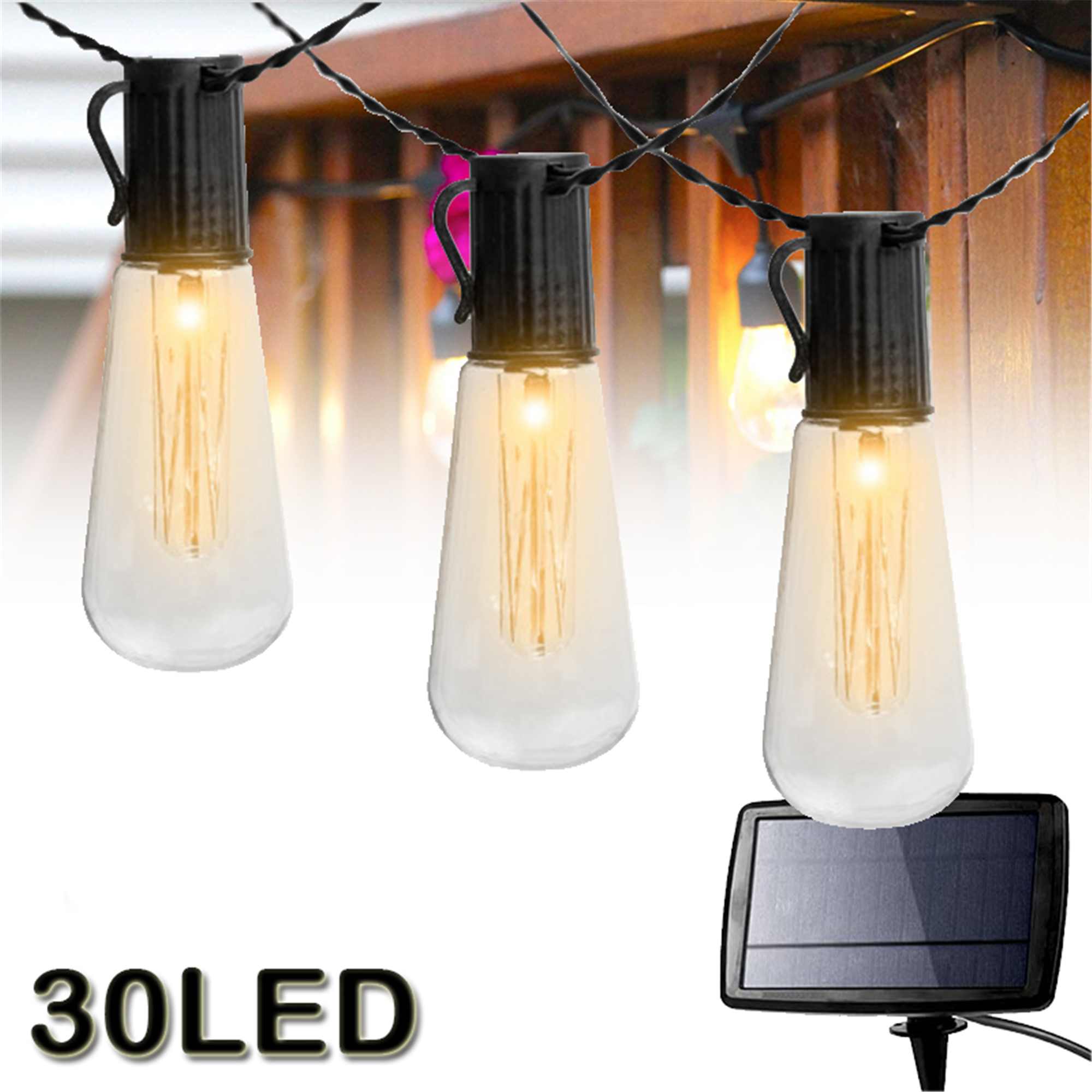 Outdoor 33ft Solar Patio String Lights 30Edison Bulbs for Backyard