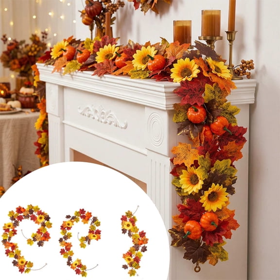 AYktou 3.3 Ft Fall Garlands, Artificial Maple Leaf Sunflower Pumpkin & Berry Garland, Thanksgiving Garland Halloween Decor Hanging Vines for Front Door Porch Fireplace Party Table Decor