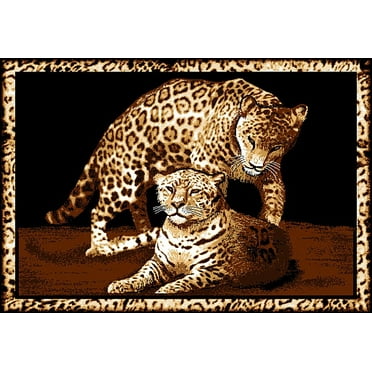 Leopard Family Area Rug 6x8 African Border Carpet New - Actual 5' 3" x 7' 5"