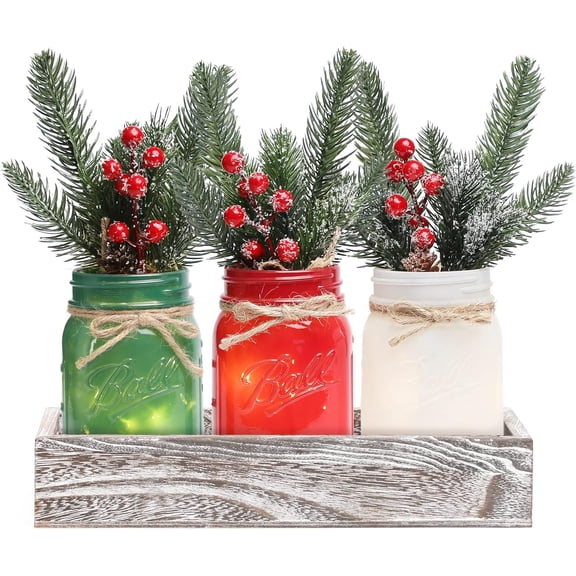 Christmas Mason Jars, Christmas Centerpiece for Table, Set of 3 Colorful Mason Jars with Lights & Artificial Plants, Kitchen Xmas Dining Table Decoration, Winter Home Decor