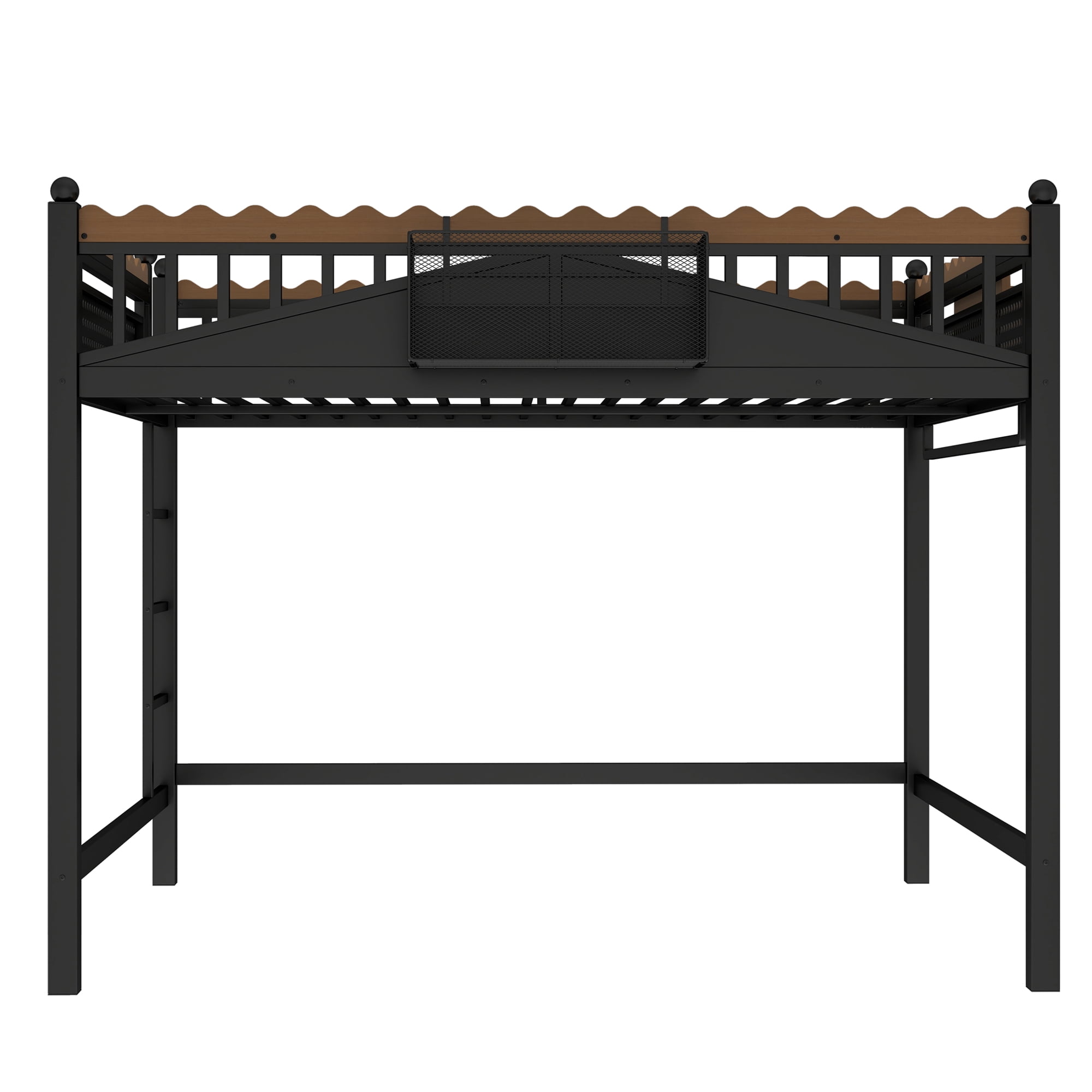 Leumius Queen Size Loft Bed,Metal Loft Bed with Storage Baskets and Bookshelf,High Loft Bed with Large Under-Bed Space,No Box Spring Needed,Black