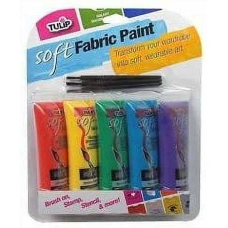 Tulip Soft Fabric Paint, Permanent, Bold Primary Colors, 8 Pieces, 5 Paint Tubes .9 fl oz (4.5 fl oz), 3 Brushes