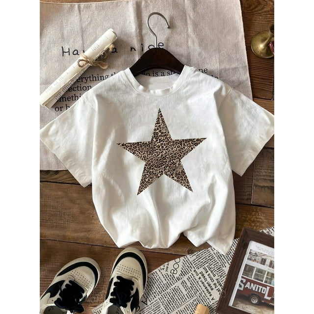 Women'S Stylish Casual Sports Printed Round Neck T-Shirt with Star Patterns - Breathable Cotton, Machine Washable - Perfect Choice for Spring And Summer.