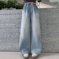 thumbnail image 2 of Girls Wide Leg Jeans Trendy Casual Girls Denim Pants Size 12 Baggy Elastic Waist Denim Pants Tween Streetwear with Pockets(Siz 9-10 Years,BLue#5), 2 of 5