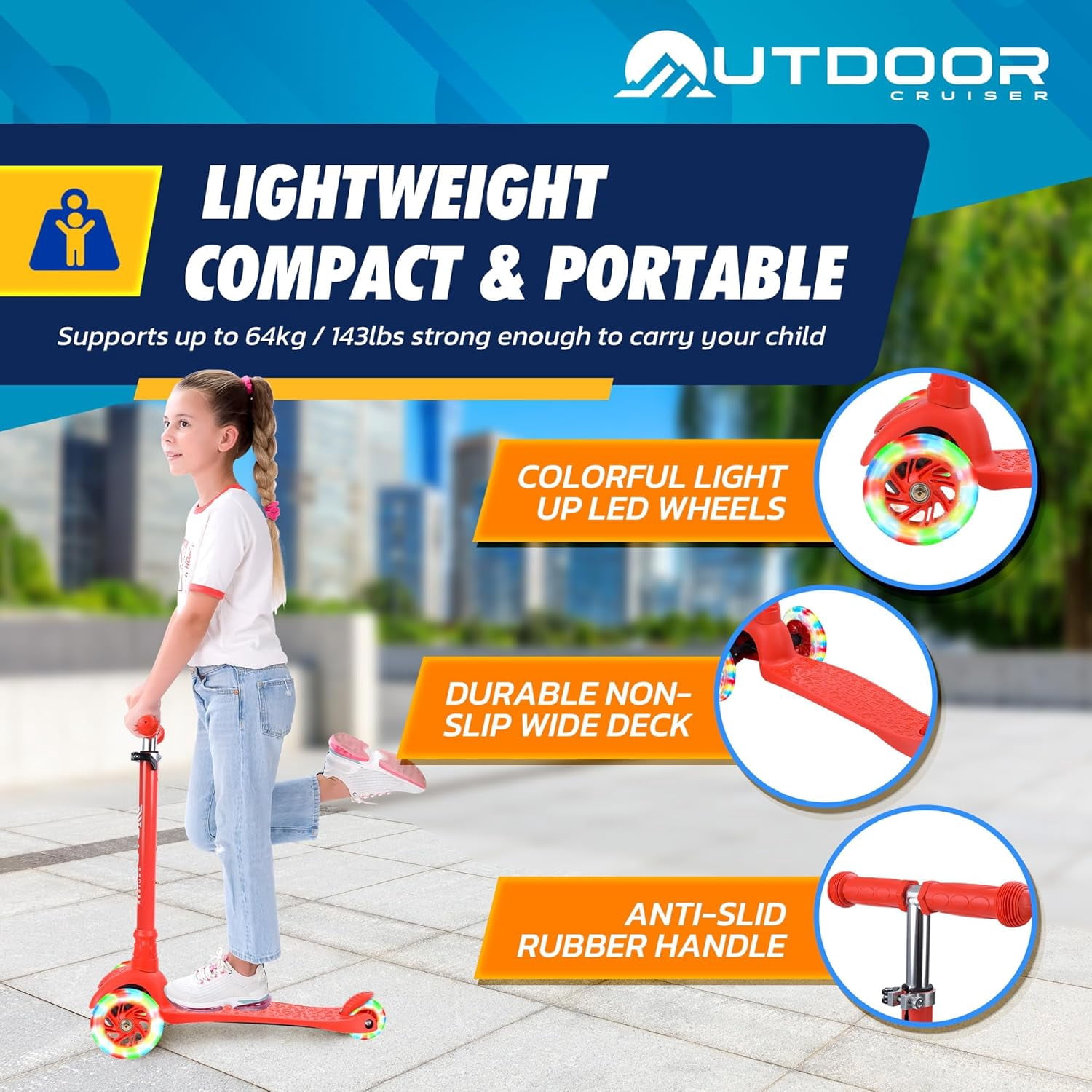 OutdoorCruiser Red 3-Wheel Kids Scooter – Lean-to-Steer, Wide Deck, LED Wheels, Adjustable T-Bar, 150 lbs Capacity
