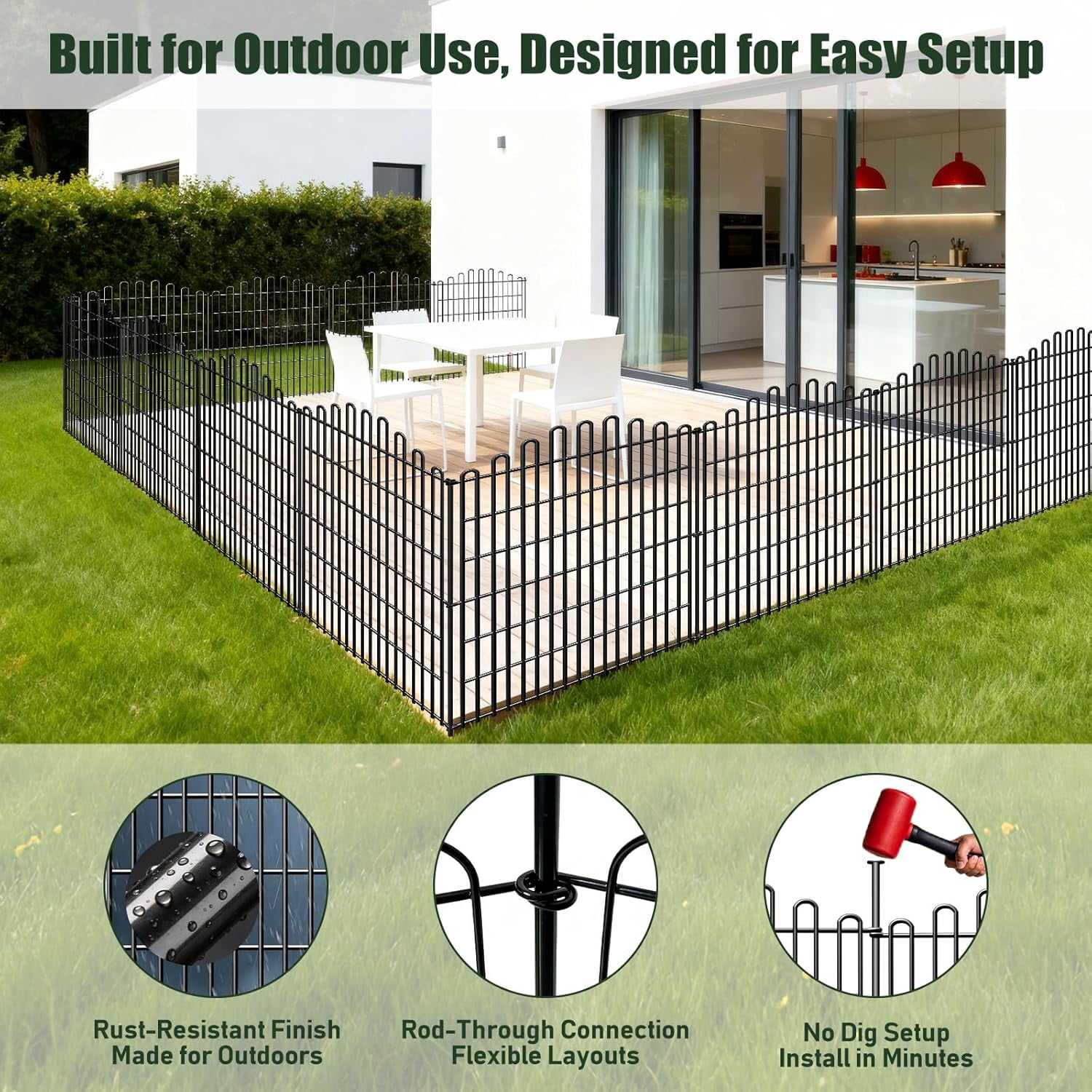 No Dig Decorative Garden Fence Panels, 5 Pack 33in H x 11.8ft L Metal Animal Barrier Dog Fence with 41in Stakes, 12in In-Ground Depth, Rustproof Picket-Style for Yard