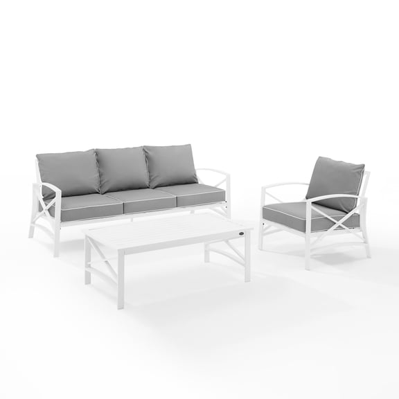 Crosley Furniture Kaplan White 3 Piece Outdoor Sofa Set with Gray Cushions