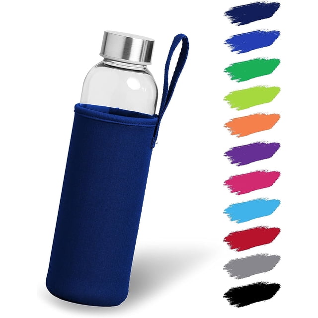 Botella de cristal 1l con funda de neopreno | Botella de vidrio de 500 ml con tapa protectora y tapa de acero inoxidable | Botella de agua para deportes, oficina, escuela y exteriores | Azul oscuro