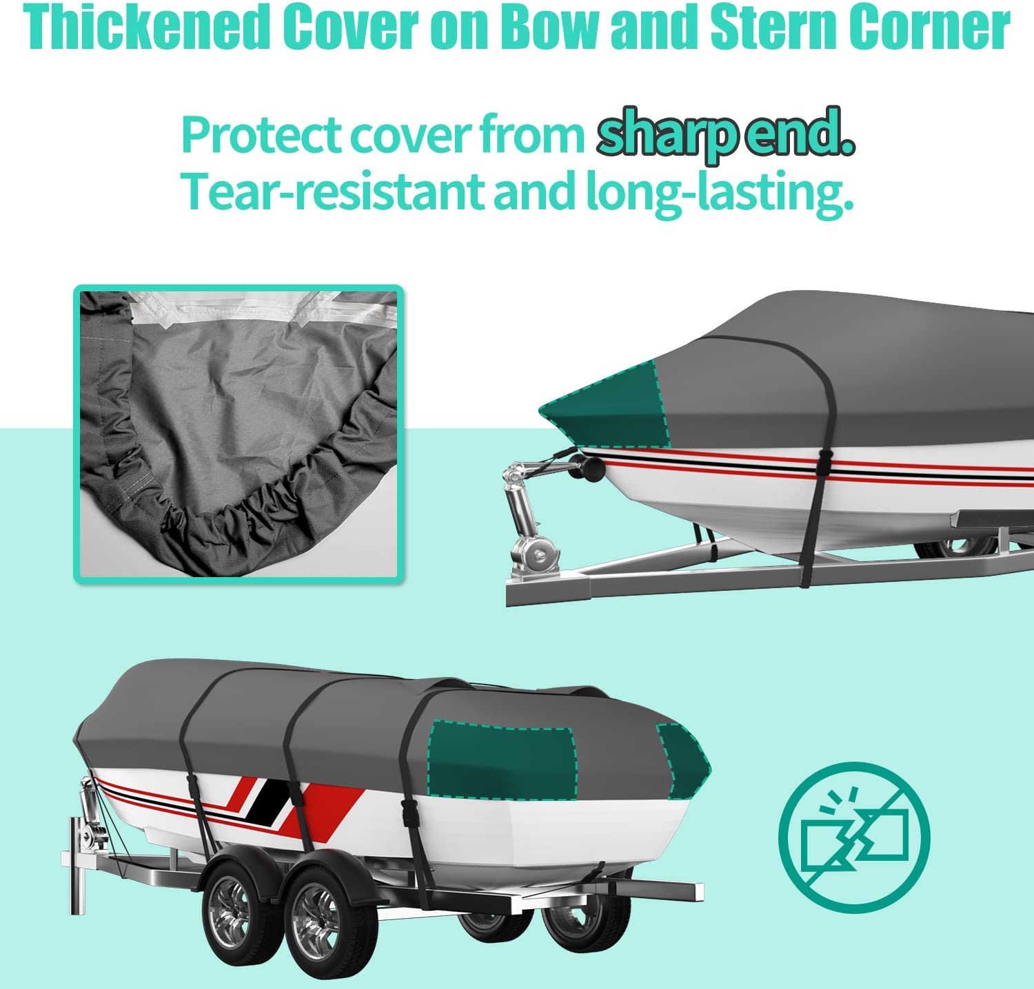 Umbrauto Trailerable Boat Cover with Support Pole 600D solution dyed  polyester with Pucoating Waterproof UV Resistant Boat Cover Fits V-Hull, Tri -Hull, Fishing Boat, Runabout(14'-16'L, Up to 90