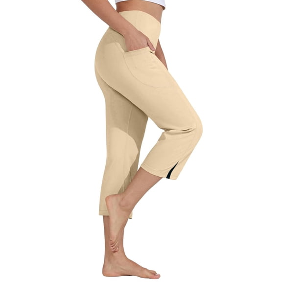WGRFFH Women's Pull on Stretch Capri Pants Pull On Side Split Athletic Cropped Trouser Trendy Capri 3/4 Pants Women Capri Dressy Capris Basic Editions Women's Pants Straight Wide Leg Khaki