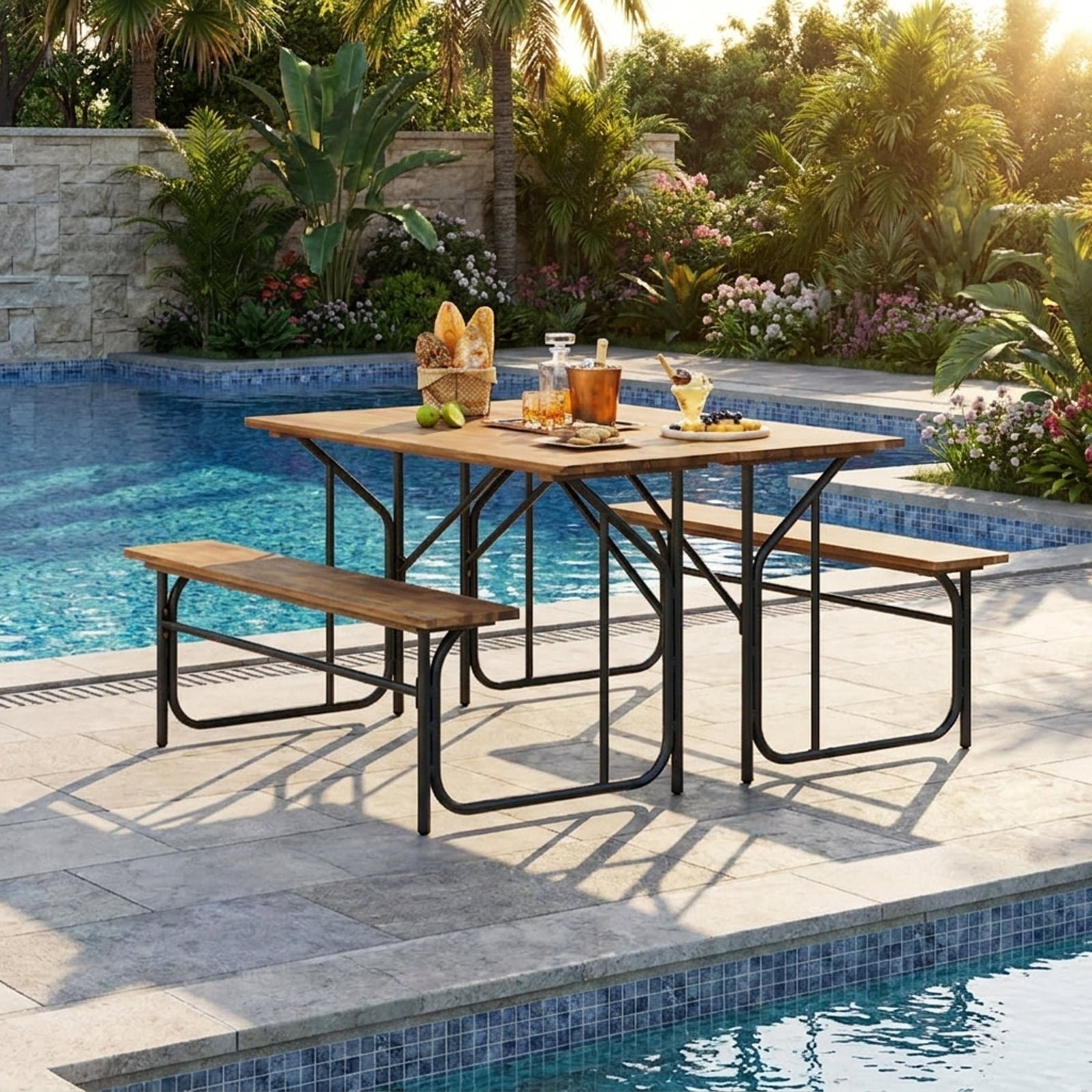 Biotree Acacia Wood Patio Picnic Table and Bench Set for 2 People One-Side Outdoor Table for Garden Deck and Backyard Dining, Black