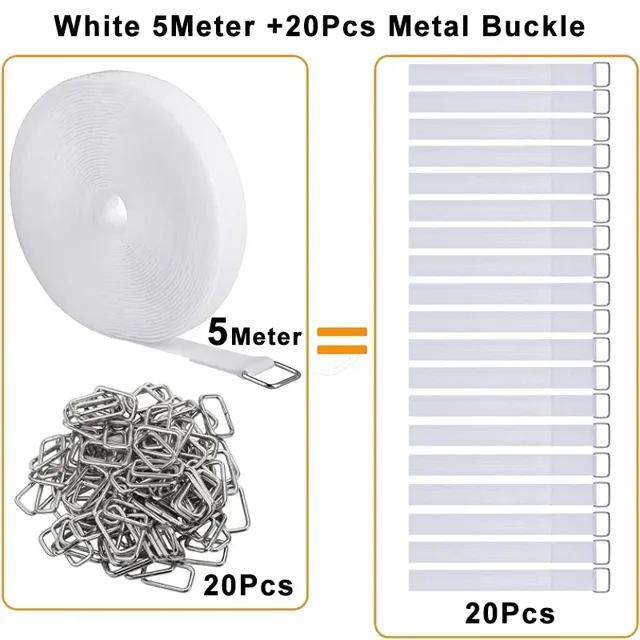 5Meter Reusable Fastening Cut-to-Length Cable Straps with 20Pcs Metal Buckles Adjustable Nylon Hook and Loop Cinch Cable Ties White-5M-20Pcs-Metal Width 30mm