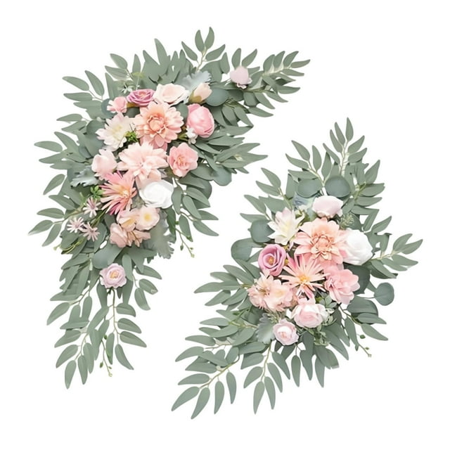 2 de flores artificiales para boda, estilo rústico, realista, estilo bohemio, con hojas para la puerta principal de Valentín. Rosa