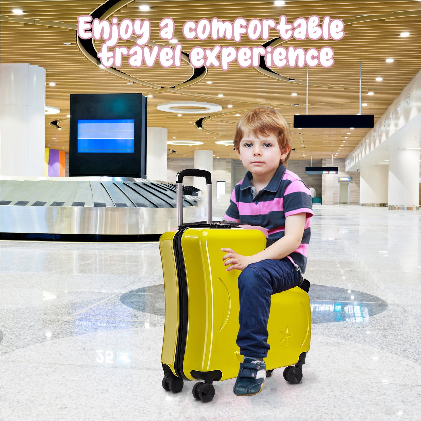 Suhire Kids Carry-On Luggage with Seat, 20 Inch Children Travel Suitcase with Wheels and Safety Belt, Impact Resistant Rolling Suitcase
