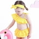 thumbnail image 4 of Traje de baño con volantes para niña pequeña, conjunto de bikini, ropa de playa de un hombro, traje de baño de princesa de 3 piezas, 4-5t, azul Feliz Sencillez, 4 of 5