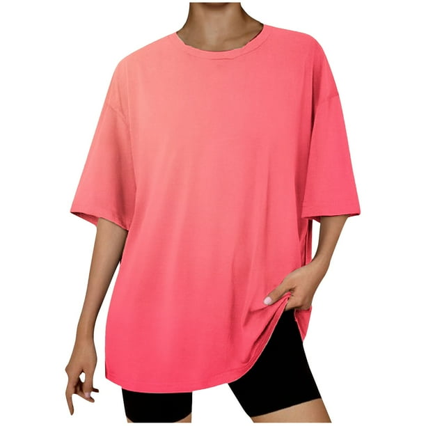 Tops Cortos para Mujeres, Gradiente Cuello Redondo Gota Hombro Camiseta de Manga Corta Top Casual Hecha de 95% Poliéster 5% Elastano, Camisetas Casuales para Mujer