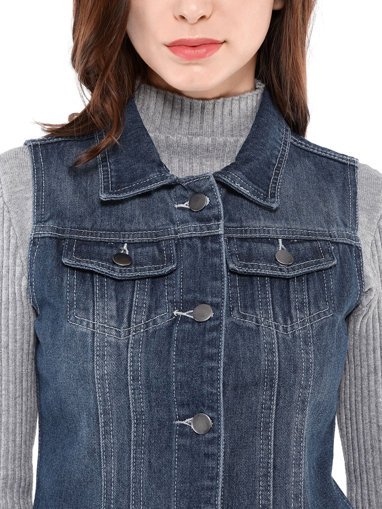 DARING DIVA Women's Denim Sleeveless Flap Pockets Vest Jacket S Blue