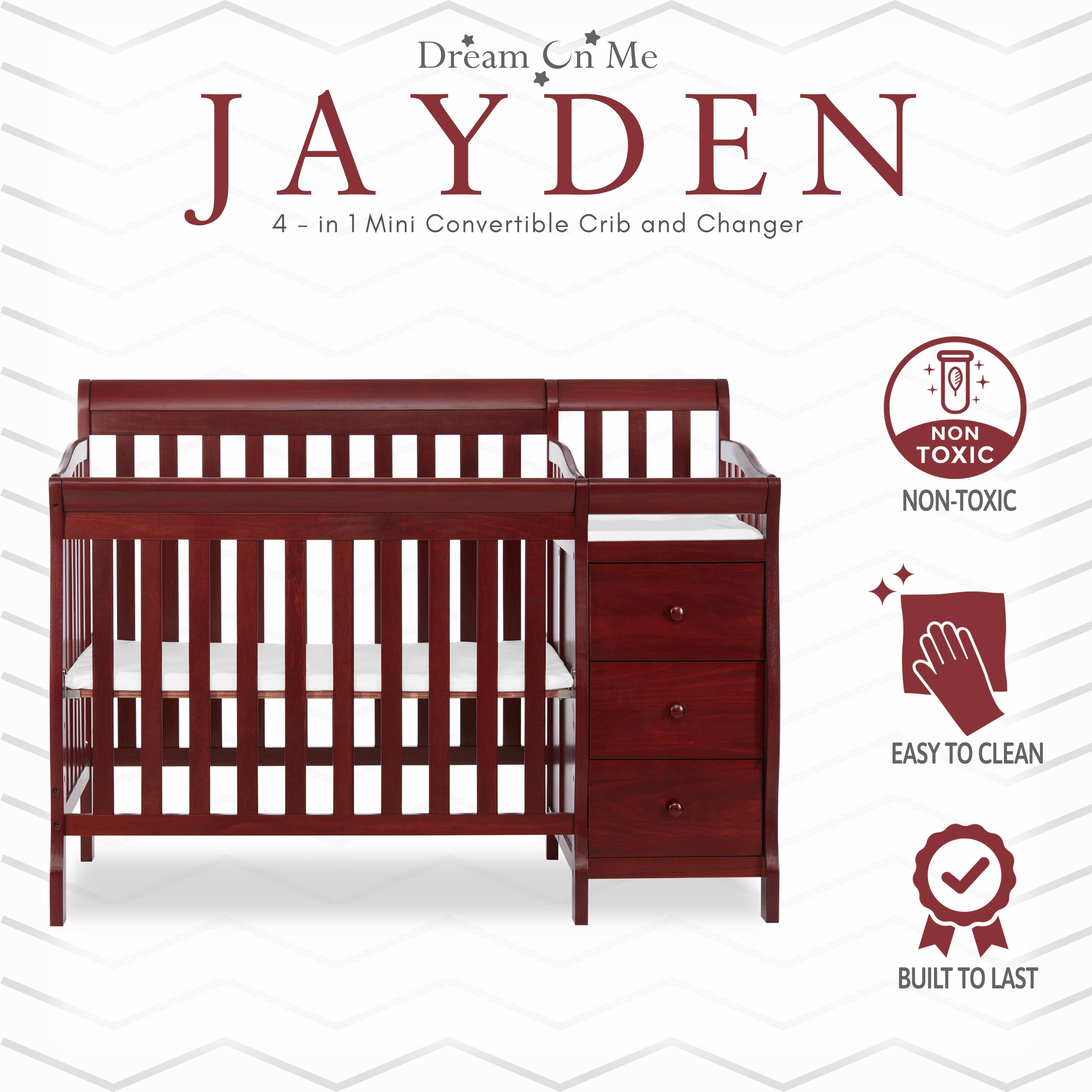 Dream On Me Jayden 4-in-1 Convertible Mini Crib and Changer, Cherry