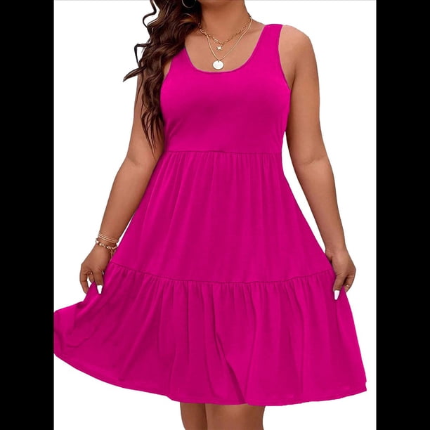 Vestidos de Verano para Mujer, de Gran Tamaño, con Hombros Descubiertos, Lisos, Sin Mangas, con Volantes en el Bajo, Vestidos Cortos con , Color Rosa Rojo, XXL