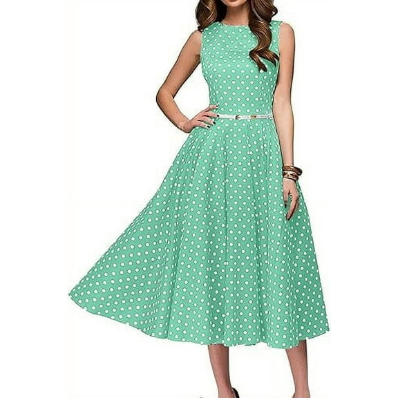 MORTTIC Women's Vintage Polka Dot Sleeveless Dress O-Neck Summer Cocktail Party Dress for Formal Events & Vacation Wear