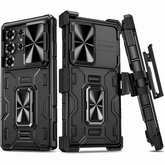 for Samsung Galaxy S25 Ultra Case, with Slide Camera Protector & Belt Clip Holster & 360°Rotatable Ring Kickstand Military Grade Heavy Duty Protection Cover - Black