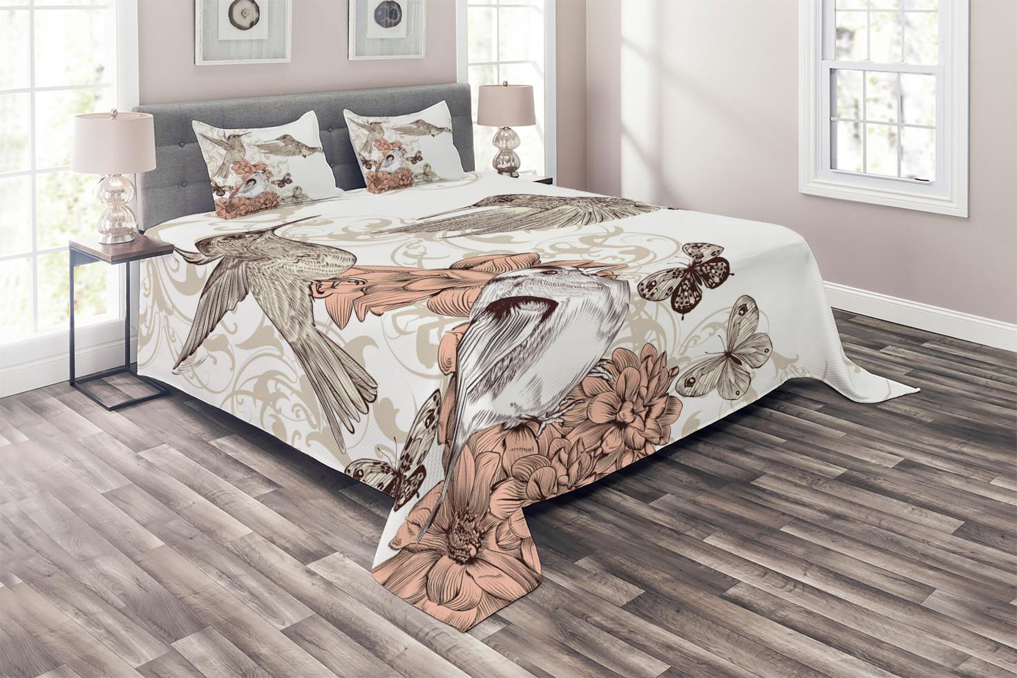 Queen//Twin//King Beige Handmade Bird Home Decor Bed Bohemian Bird Queen Bedspread Handcrafted Handmade Quilt Kantha Bird Print Cover Unique Blanket Bedding Quilt 60X90 inch