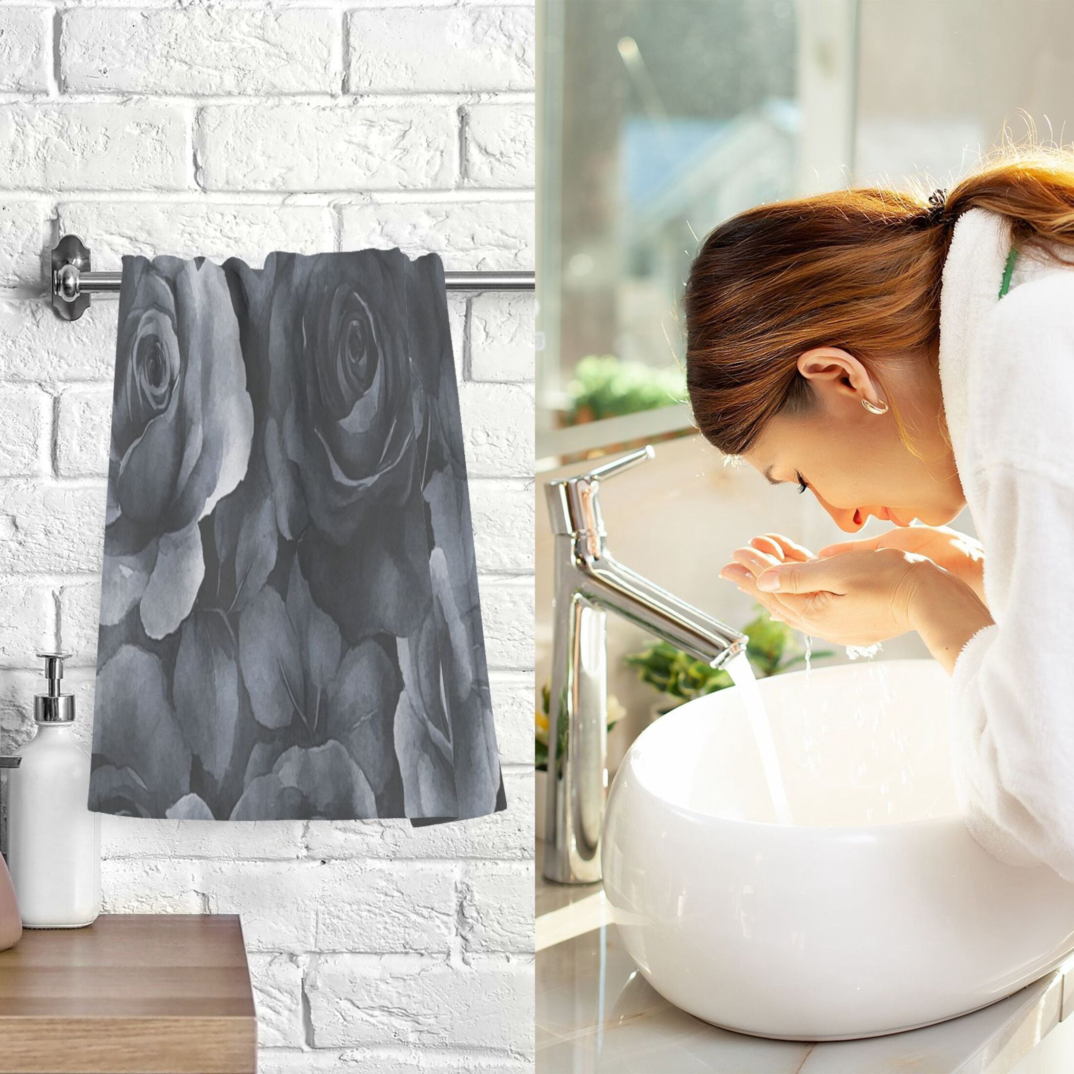 Cotton Towel Two-Piece 16x28 Inch One Sizex2 Face Towel Set Towel Set Cotton Hand Bath Towel Bathroom Beach Black Flowers