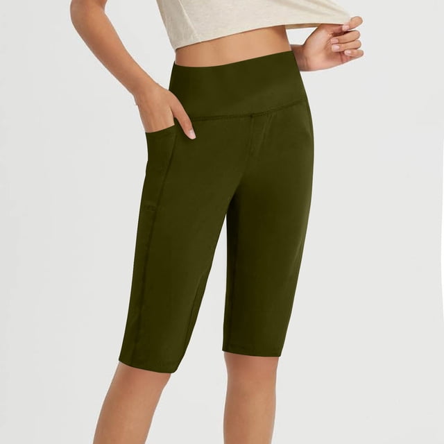 Karight Women Knee Length Leggings Yoga Capris High Waisted Tummy Control Yoga Pants Athletic Biker Shorts with Pockets