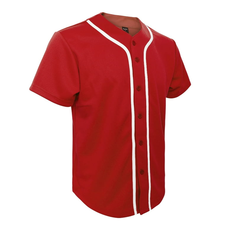 Toptie Men's Baseball Jersey Plain Button Down Shirts Team Sports  Uniforms-Red White-2XL