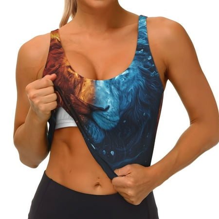 Qokaie Red And Blue Fire Lion Pattern Womens Scoop Neck Sports Bra Breathable Workout Vest Padded U Back Medium Impact Fitness Gym Yoga Bra Workout Crop Top