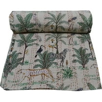 Indian Vintage Jungle Print Kantha Quilts Throw Bedspread Soft Cotton Kantha Blanket Traditional Bohemian Cotton Lightweight Reversible for Bed Decor(Beige 90X108 Inches)