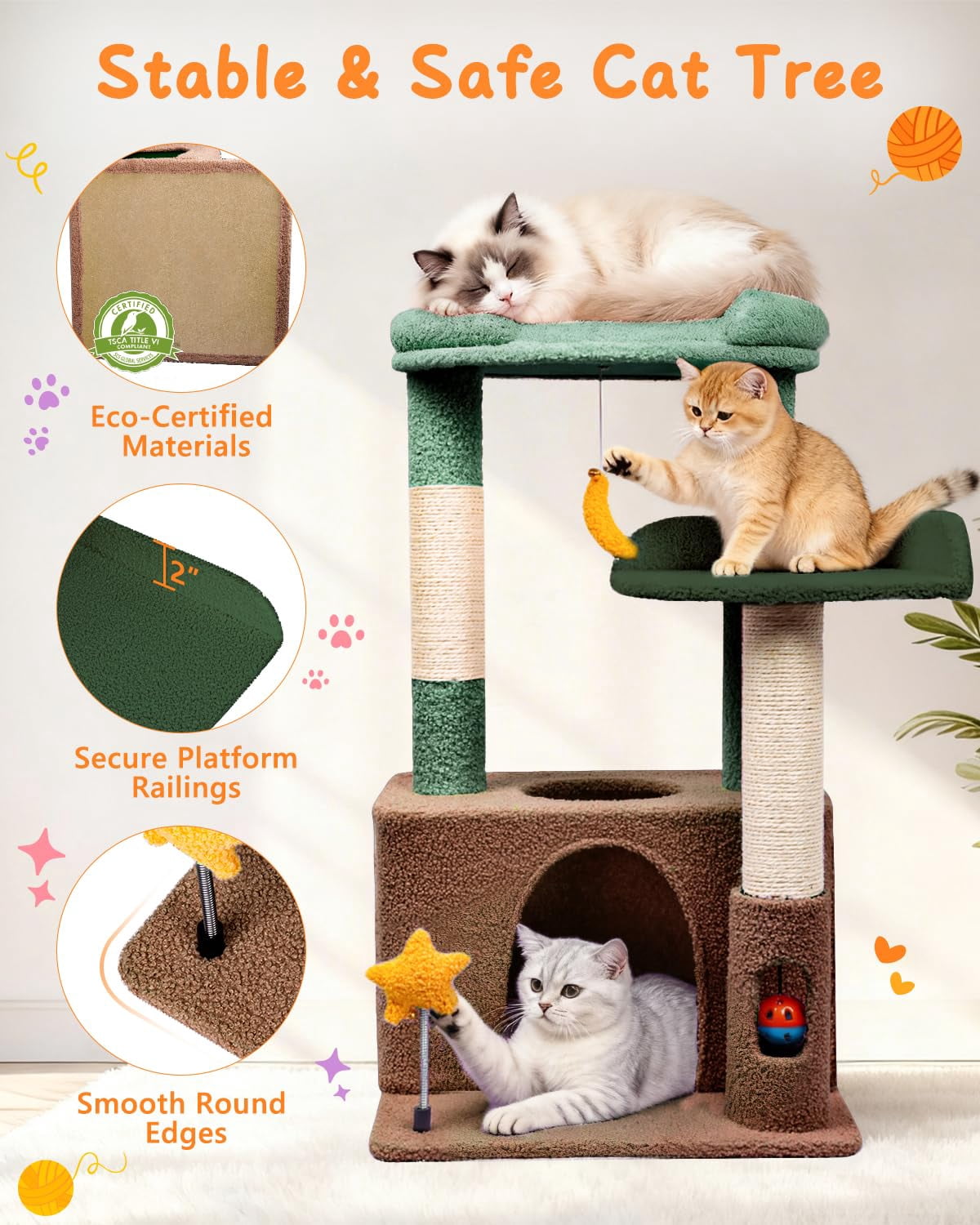 31" Cute Cat Tower For Indoor Kittens With Condo  Plush Platform Hammock Sisal Posts Dangling Ball Tall Tree Self-grooming Brush (olive Green)