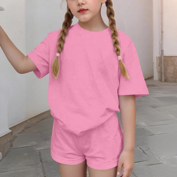 Fnooota Girls Athletic Outfit Sets Size 10-12, Summer Running 2 Piece Short Sleeve Kids Clothing Sets Pink Size 10-12