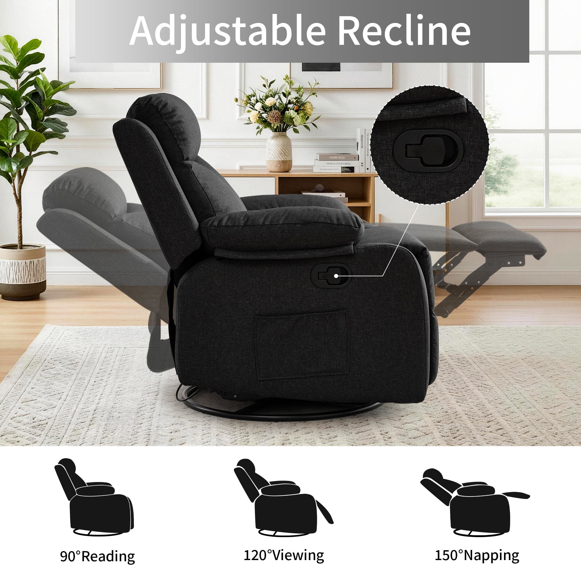 GEEYOO Manual Swivel Rocker Recliner Chair with Side Pockets,Small Recliner Chair for Small Spaces,Upholstered Linen Fabric Glider Nursery Chair for Living Room,Black