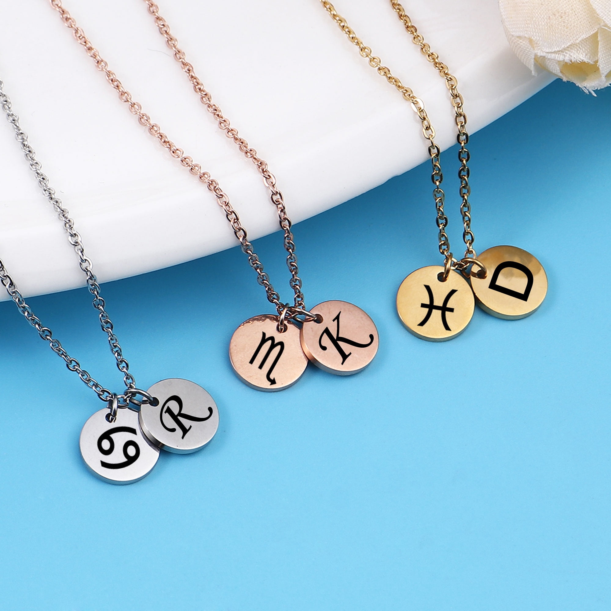 Personalized Round Constellation Initial Necklace - Engraved Zodiac Symbol Jewelry - Christmas Gift for Her - Stainless Steel - 18" Chain - Silver Pisces