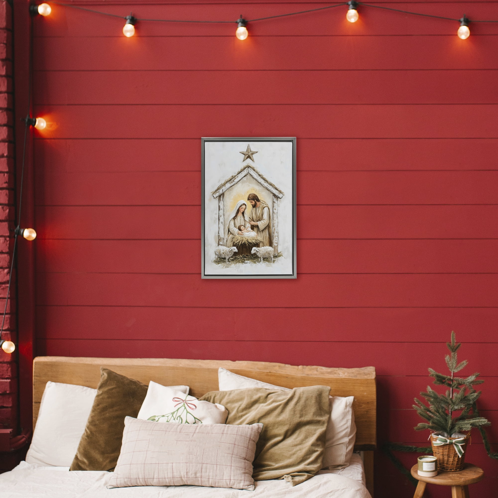 Little Lambs & Nativity Gray Framed Floater Canvas Wall Art, design by Petal Prints Design