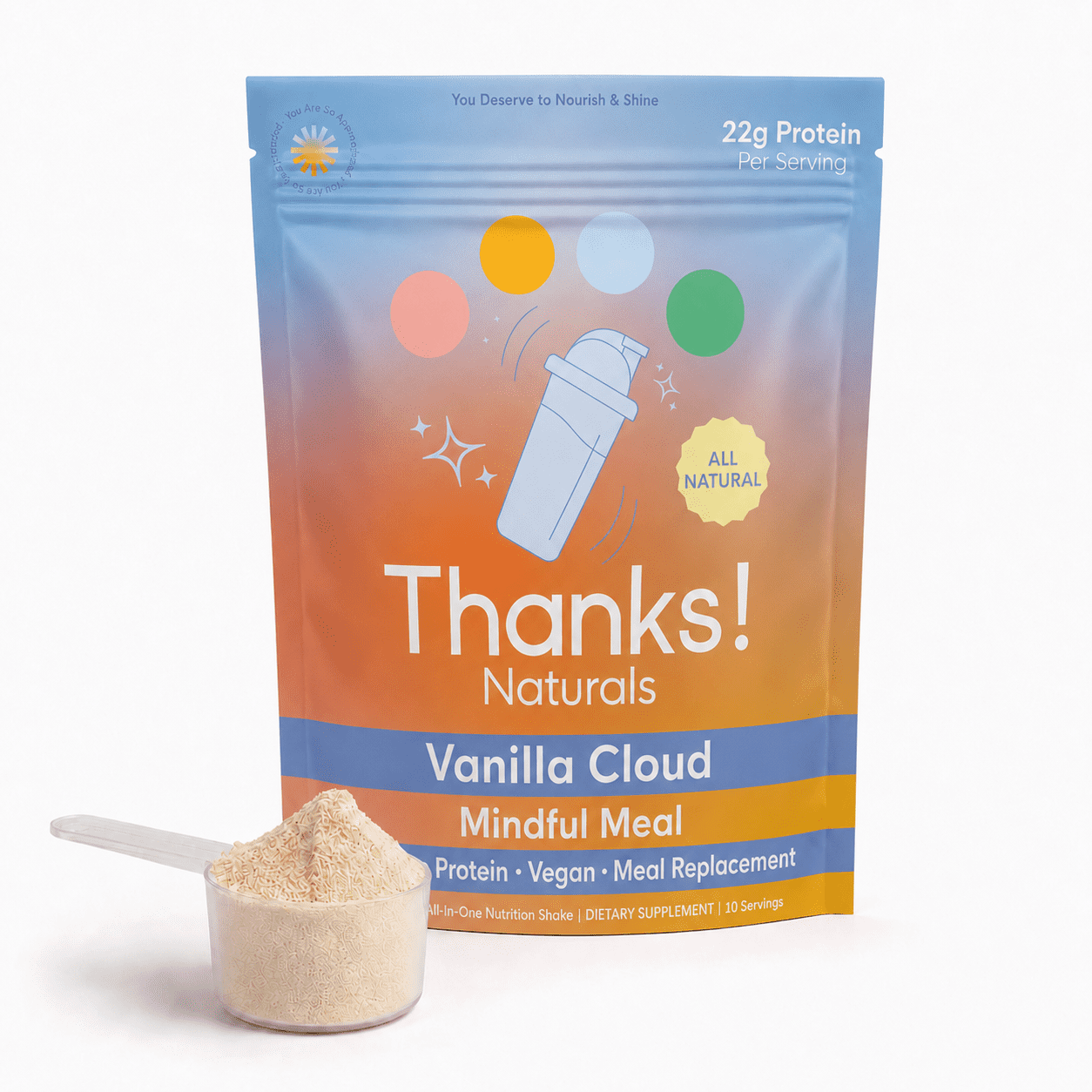 Thanks! Naturals Mindful Meal Replacement Nutrition Shake, Vanilla Cloud, 22g Vegan Rice Protein Powder, 17.64 OZ