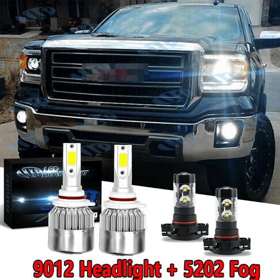 6000K 9012 LED Headlights 5202 Fog Light Bulbs for GMC Sierra 1500 2014 2015