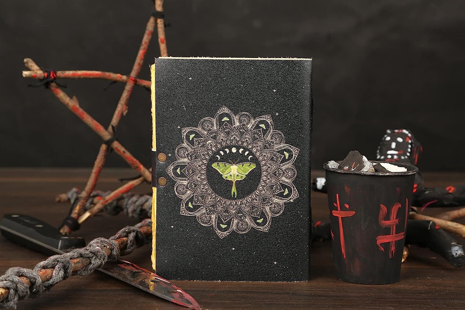 Book Of Shadows Journal - Vintage Leather Spell Book With Lock Clasp And Luna Moth Design