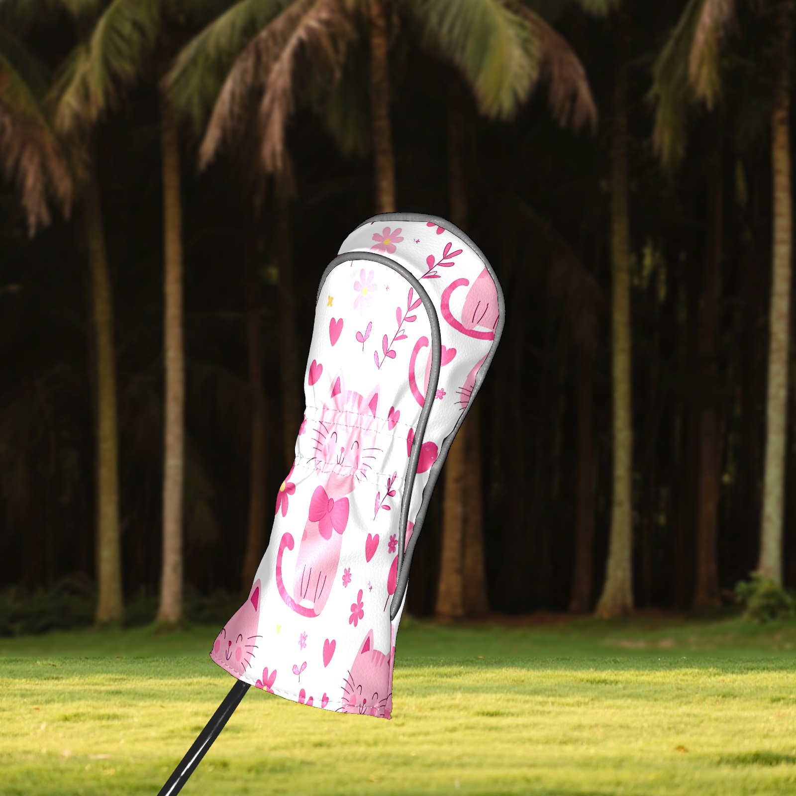 Golf Club Covers, Pink CatFlower Premium PU Leather Driver Hybrid Putter Head Covers with Velvet Lining, Waterproof Golf Gifts for Men Women
