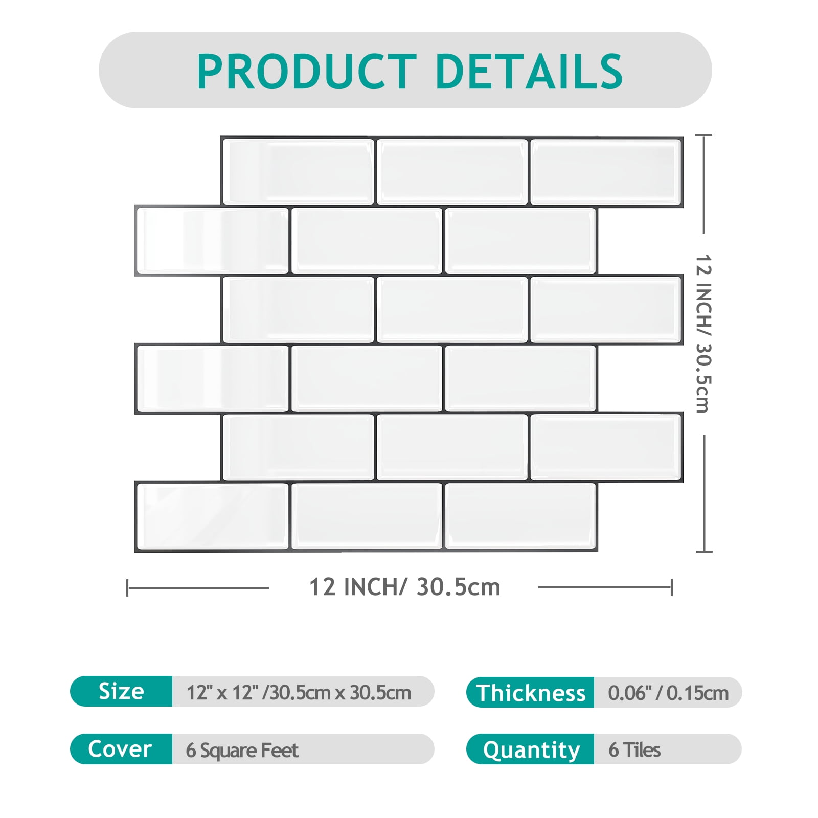 VEELIKE 6 Sheets White Subway Tiles Peel and Stick Backsplash Tiles for Kitchen Bathroom 12"x12" Waterproof Vinyl Wall Tiles Self Adhesive Wall Sticker Tile Faux White Brick Wall Panels