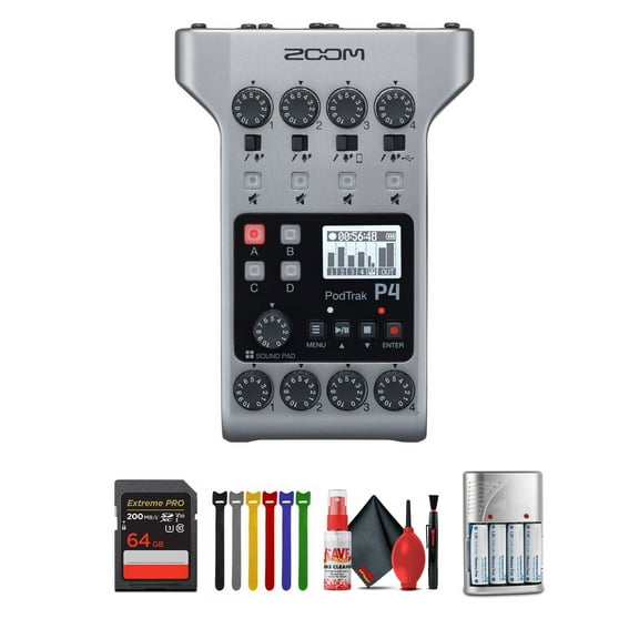 Zoom PodTrak P4 Portable Multitrack Podcast Recorder Bundle With 4x AA Batteries With Charger   Extreme PRO 64GB Memory Card   Cleaning kit   6 Pack Wire Straps