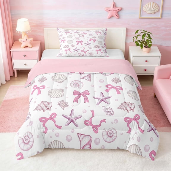 Manfei Pink White Starfish Seashell Bow Twin Comforter Sets for Kids Girls, Marine Animal Bedding Set, Pink Reversible 2 Pieces, 1 Comforter and 1 Pillowcase