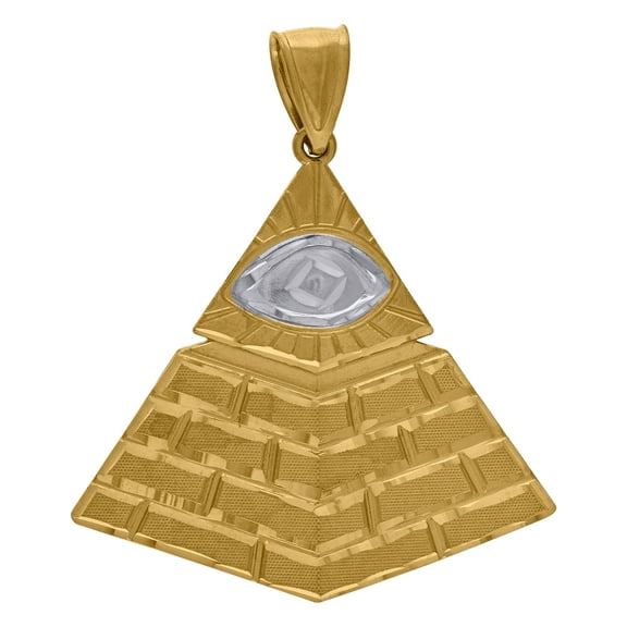 10K Gold Two-Tone Diamond-Cut Mens Pyramid Eye Religious Charm Pendant