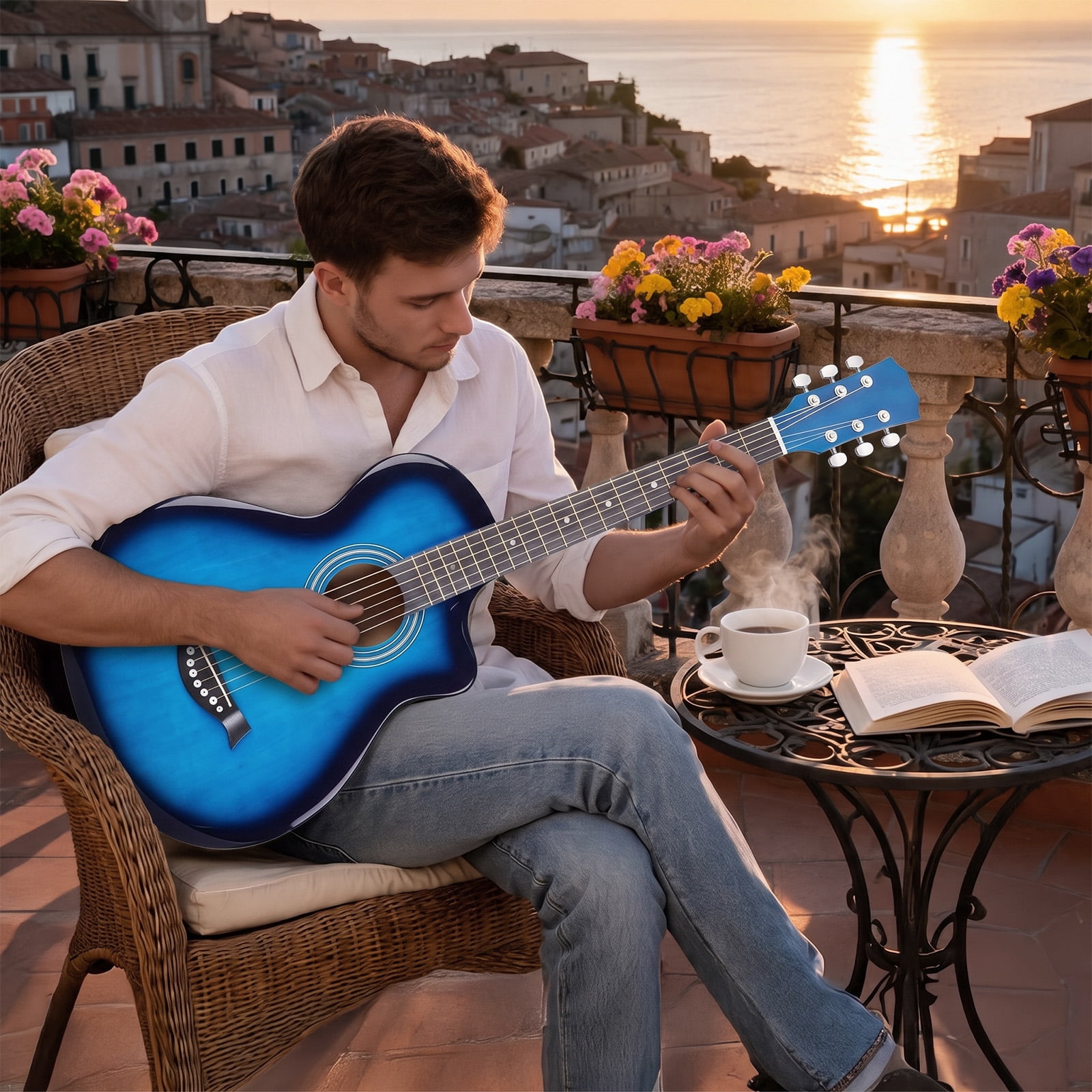 38-Inch Acoustic Guitar, JF Folk Body, Basswood Top Back and Sides, 6 Steel Strings, 21 Frets, Beginner Starter Kit with Gig Bag, Strap, Picks, Capo and Tuner