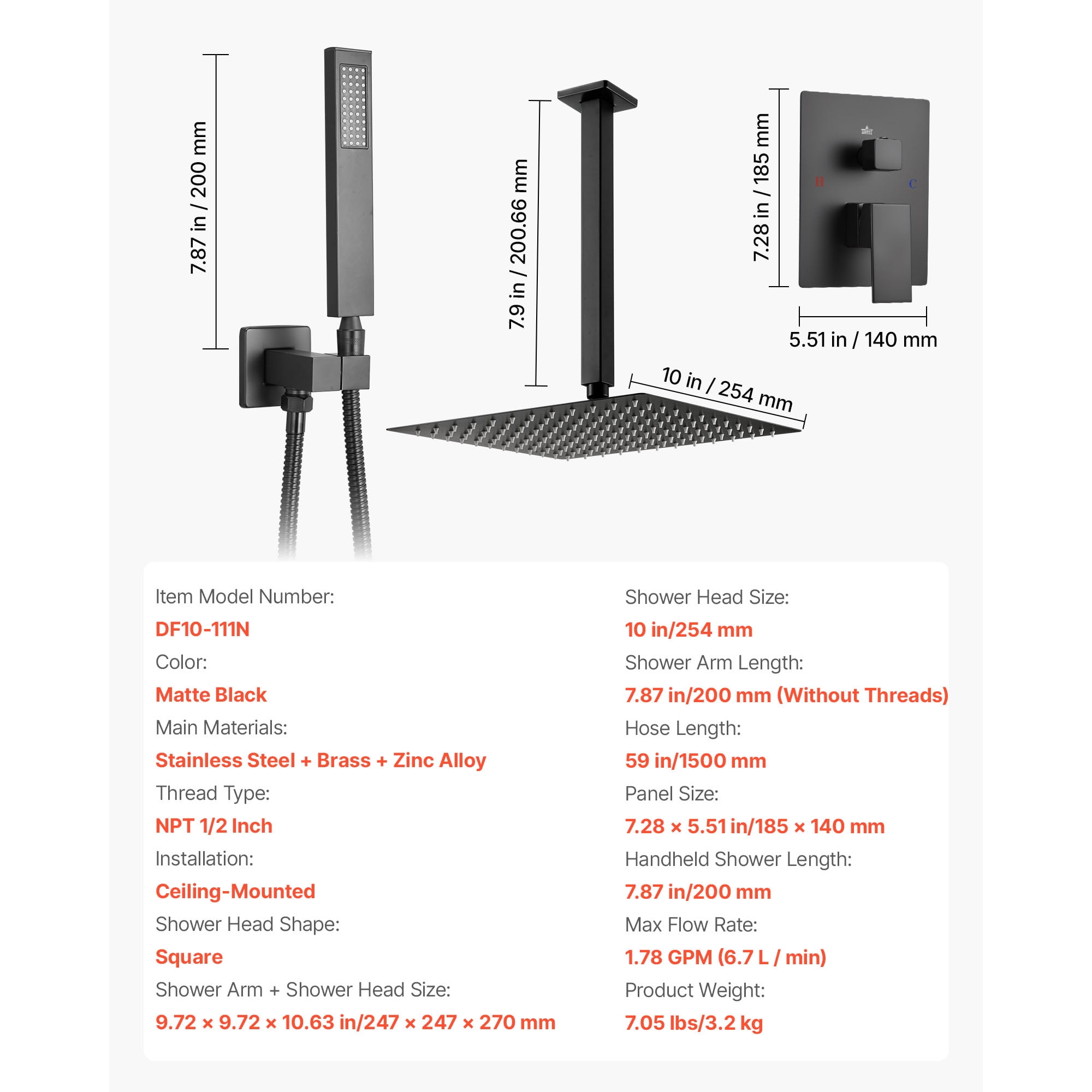 KFFKFF Shower Faucet Set with 10-Inch Square Rain Shower Head and Handheld Spray, Ceiling-Mounted Bathroom System with Brass Valve and Trim Kit, Matte Black
