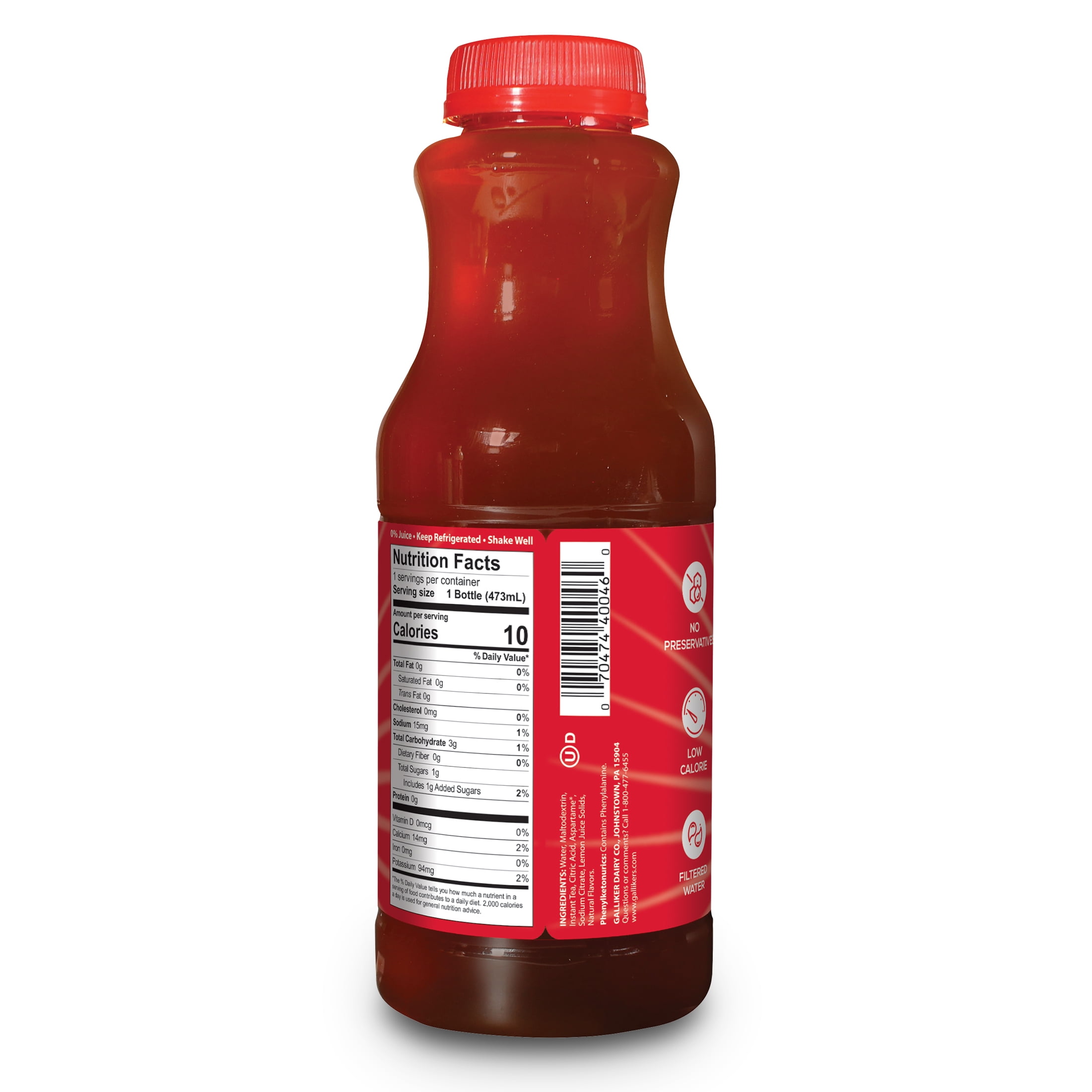 Galliker's Diet Lemon Flavored Iced Tea, Pint, Plastic Bottle, Naturally Caffeinated