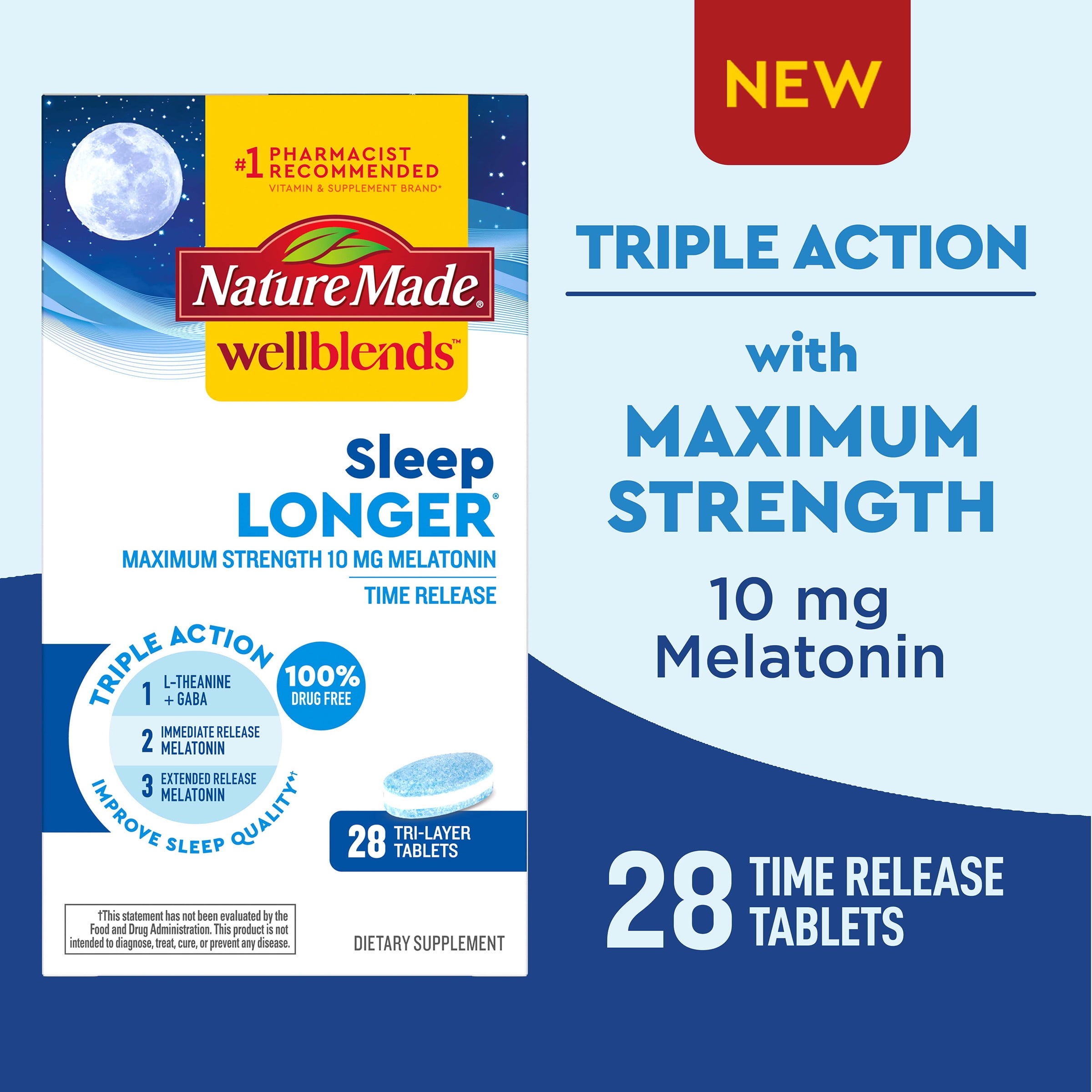 Nature Made Wellblends Sleep Longer Tablets, Melatonin 10mg, L theanine, GABA, 28 Count