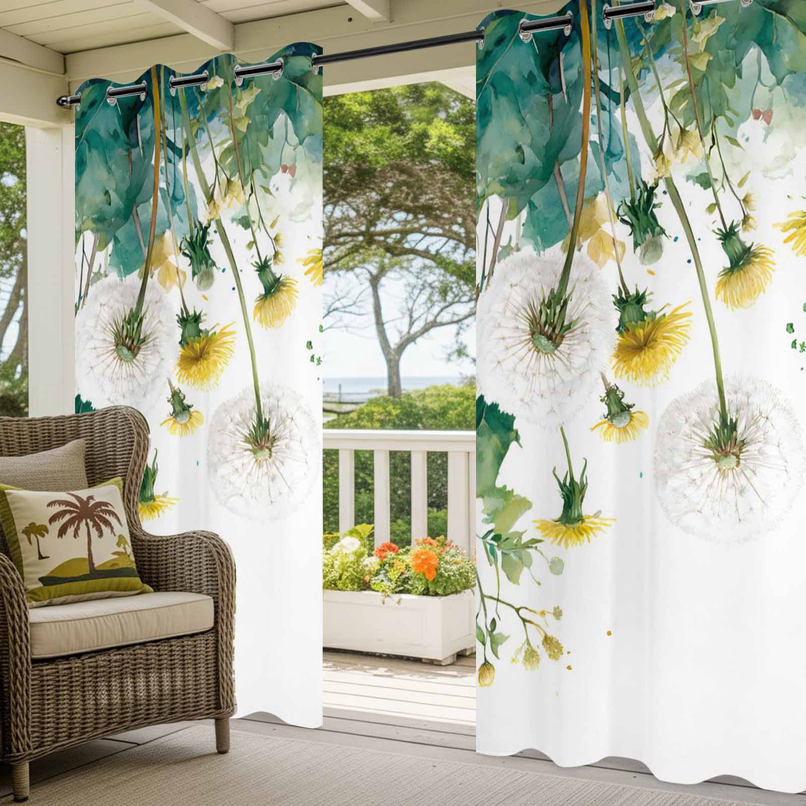 White Dandelions Outdoor Curtains for Patio, Summer Botanical Yellow Flower Green Leaf Farmhouse Sunshade Privacy Drapes Grommet Waterproof Outside Curtains for Porch/Cabana/Balcony 54"x108", 1 Panel
