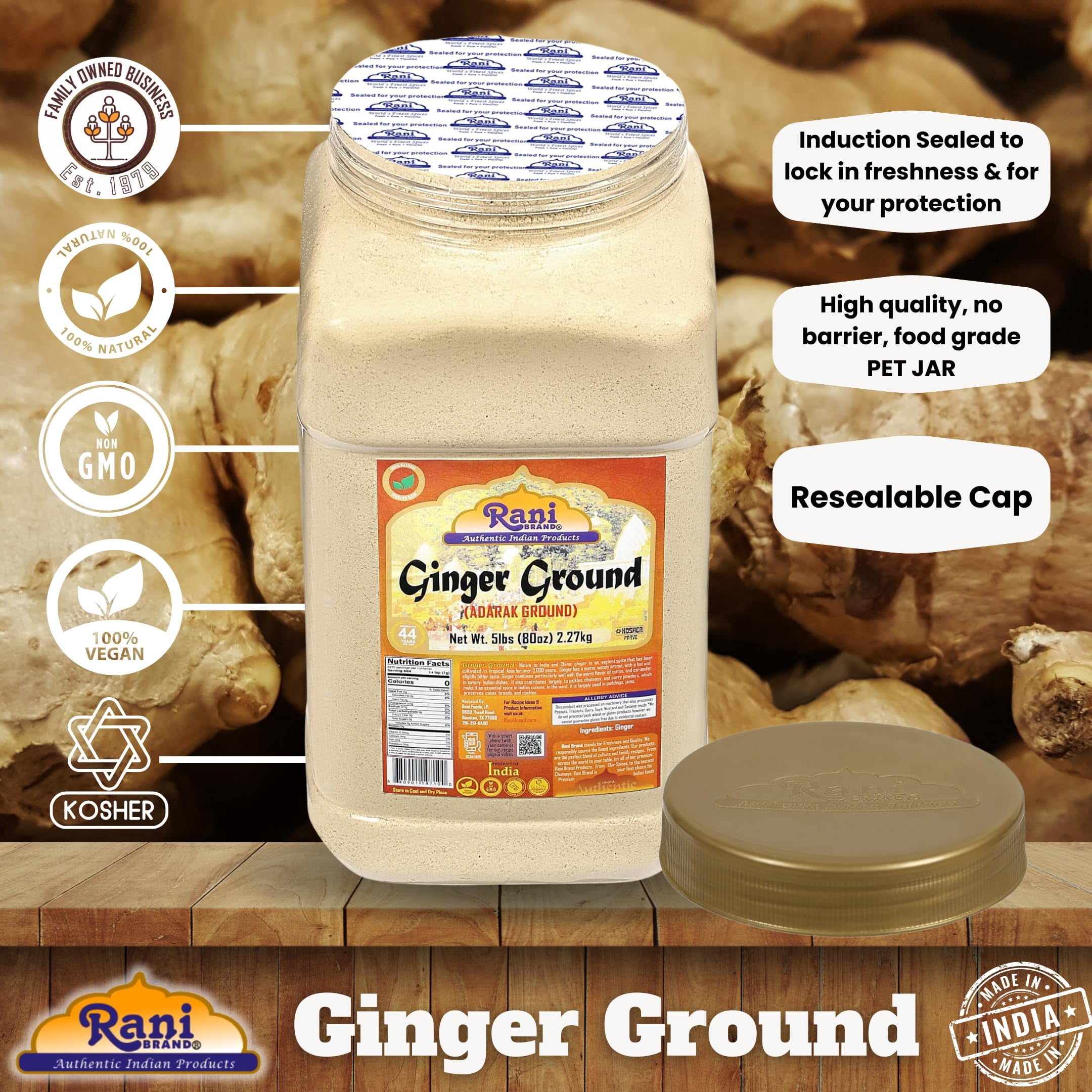 Rani Ginger (Adarak) Powder Ground, Spice 80oz (5lbs) 2.27kg Bulk PET Jar ~ All Natural | Vegan | Gluten Friendly | NON-GMO | Kosher | Indian Origin